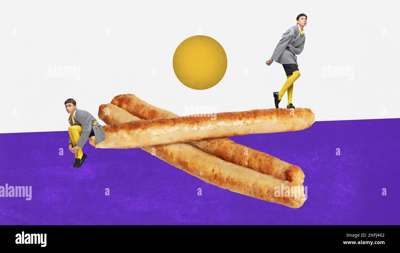 Guy dancing on fried sausages. Food pop art photography. Surrealism