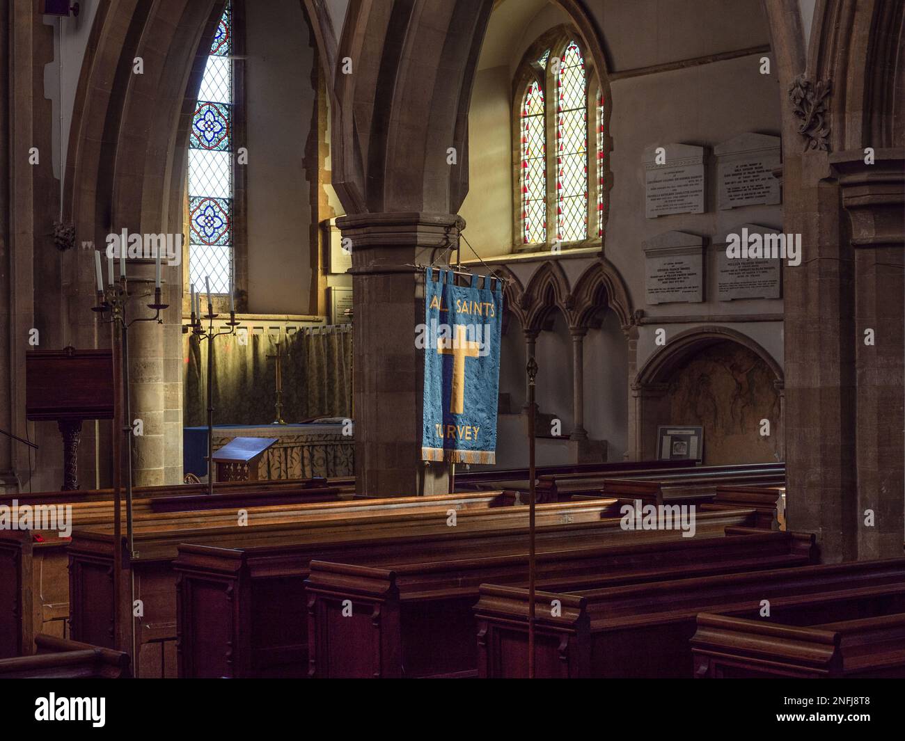 Interior of the parish church of All Saints in the village of Turvey, Bedfordshire, UK; a medieval church largely rebuilt in Victorian times. Stock Photo