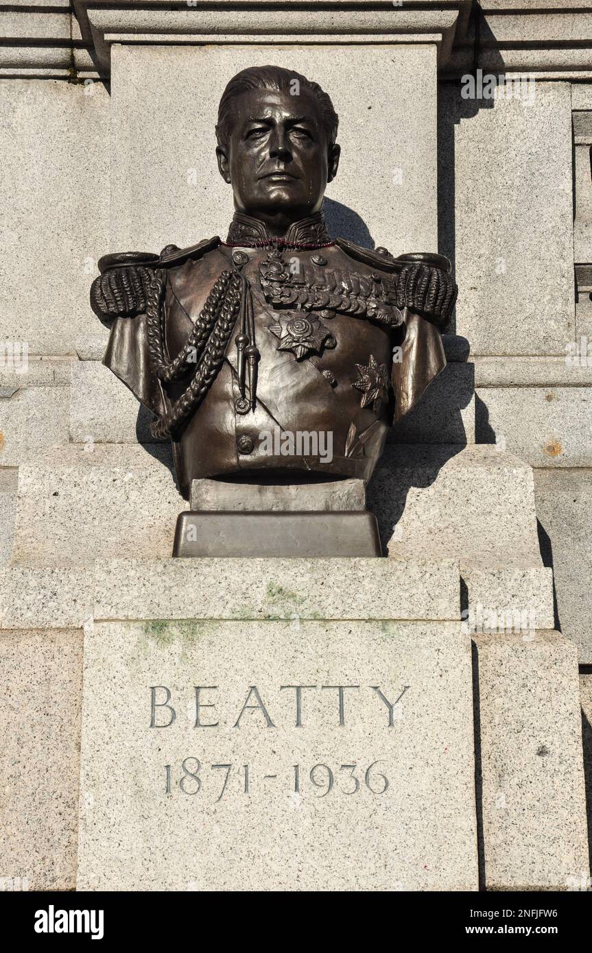 Bust of Lord Beatty 1871-1936 on north side of Trafalgar Square, London, England, UK Stock Photo