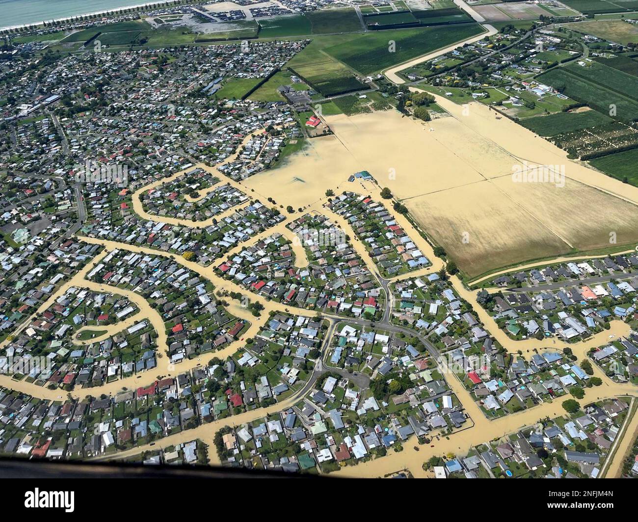 (230217) -- WELLINGTON, Feb. 17, 2023 (Xinhua) -- This aerial photo provided by the New Zealand Defense Force (NZDF) on Feb. 16, 2023 shows the flood scene in Hawke's Bay, New Zealand. Unprecedented floods and landslides have left eight people dead and more than 3,500 others missing as Cyclone Gabrielle lashes New Zealand's North Island this week. (NZDF/Handout via Xinhua) Stock Photo