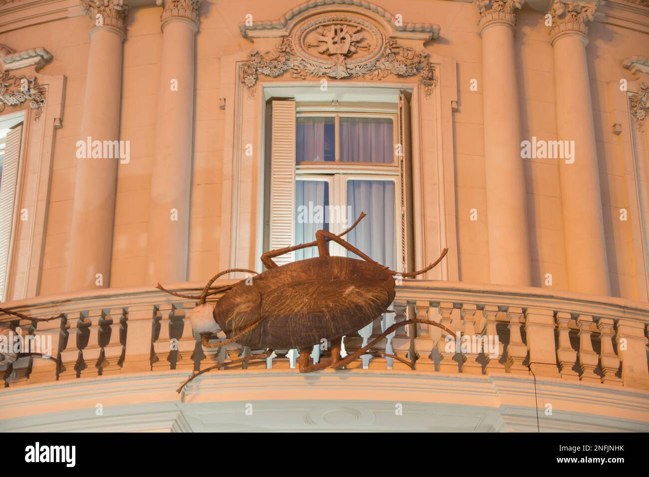 Madrid, Spain, 16/02/2023, Six giant cockroaches with the heads of human beings remain perched on top of the palace. The exhibition project, called Survivors, is a tribute to Kafka's The Metamorphosis and can be interpreted as a warning about the risks of being seduced by the ego and power while forgetting our human nature. Made up of a total of twelve pieces, the six remaining cockroaches from Survivors are displayed inside the Conde Duque Center within the exhibition 'Mundos. Goya and Fabelo', which will run until July 30 and is organized by the Fundacion Ibercaja and the Madrid City Council Stock Photo