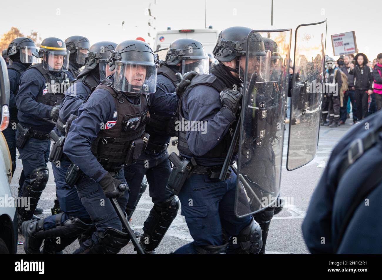 France, Lyon, 2023-02-16. Demonstration against the pension reform. CRS charging the demonstrators. Photograph by Franck CHAPOLARD. Stock Photo
