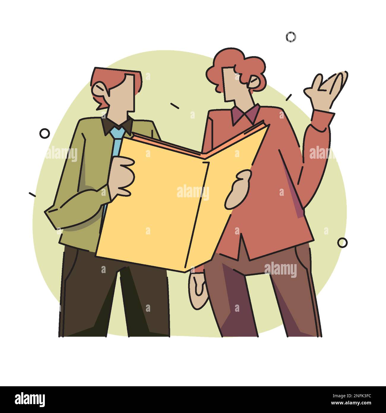 A flat vector illustration of two characters discussing and exchanging