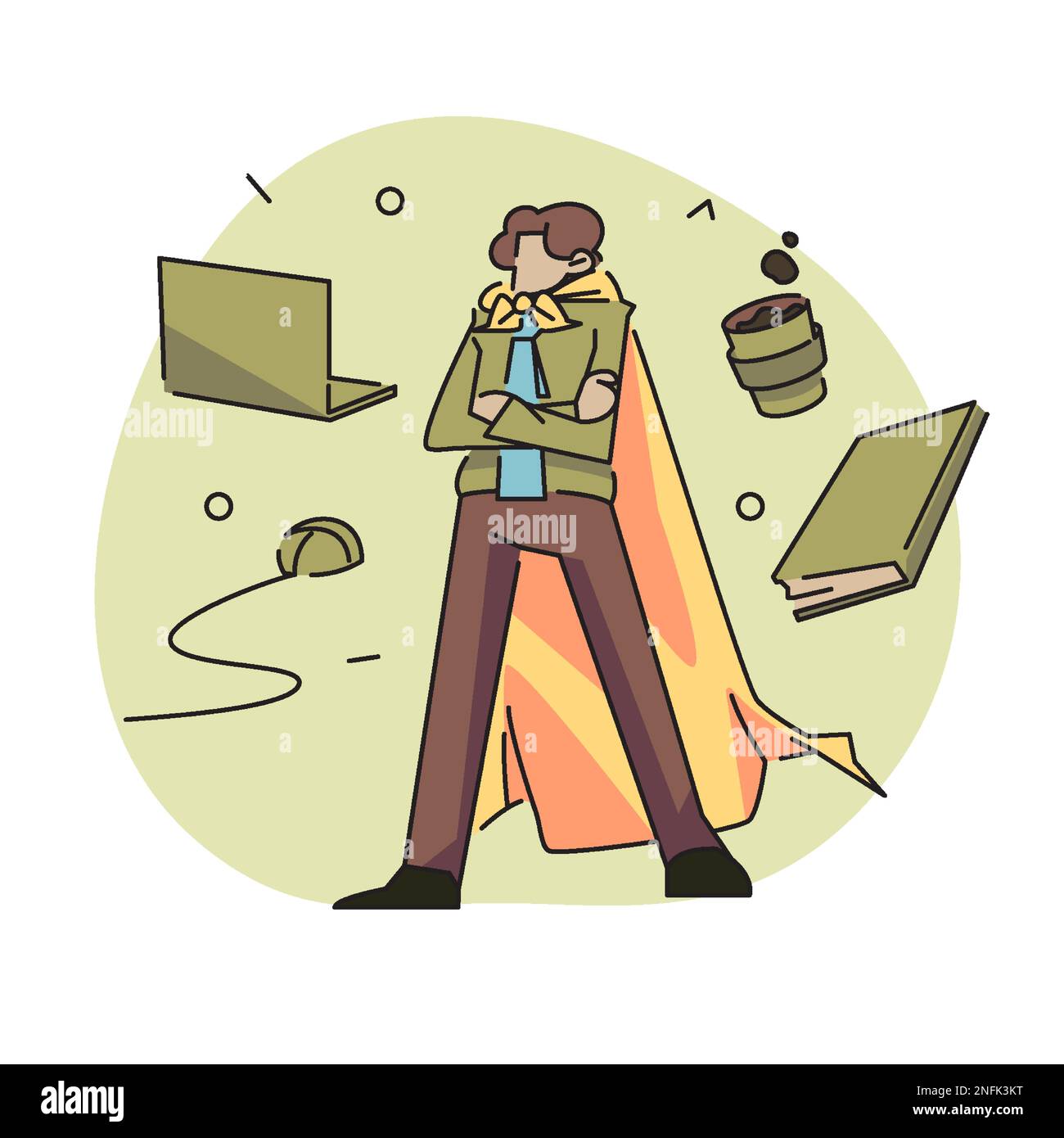 A flat vector illustration of a character's workstation, overflowing with laptops, mice, coffee cups, and piles of documents. The character and their Stock Vector