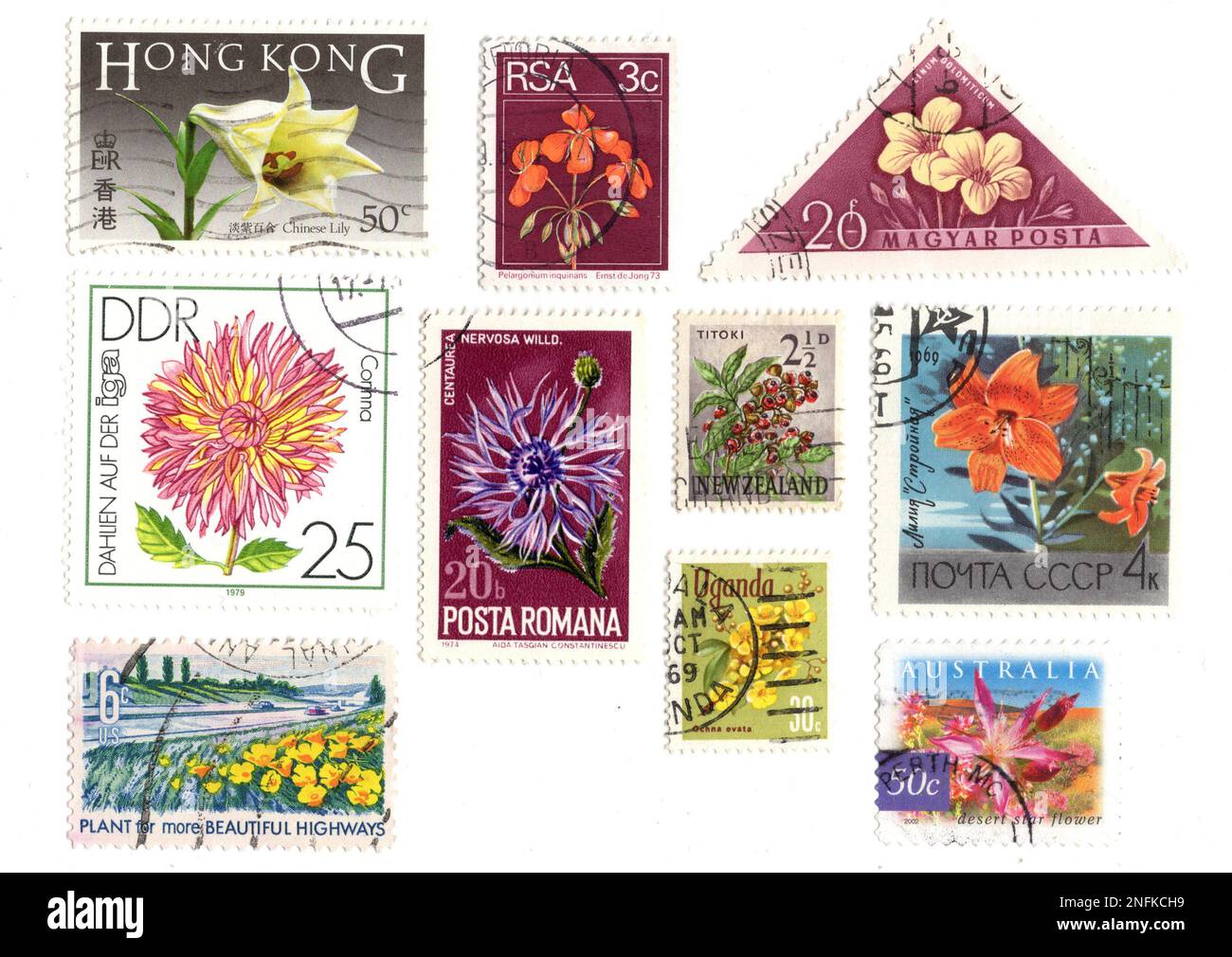 Vintage postage stamps from around the world featuring flowers Stock