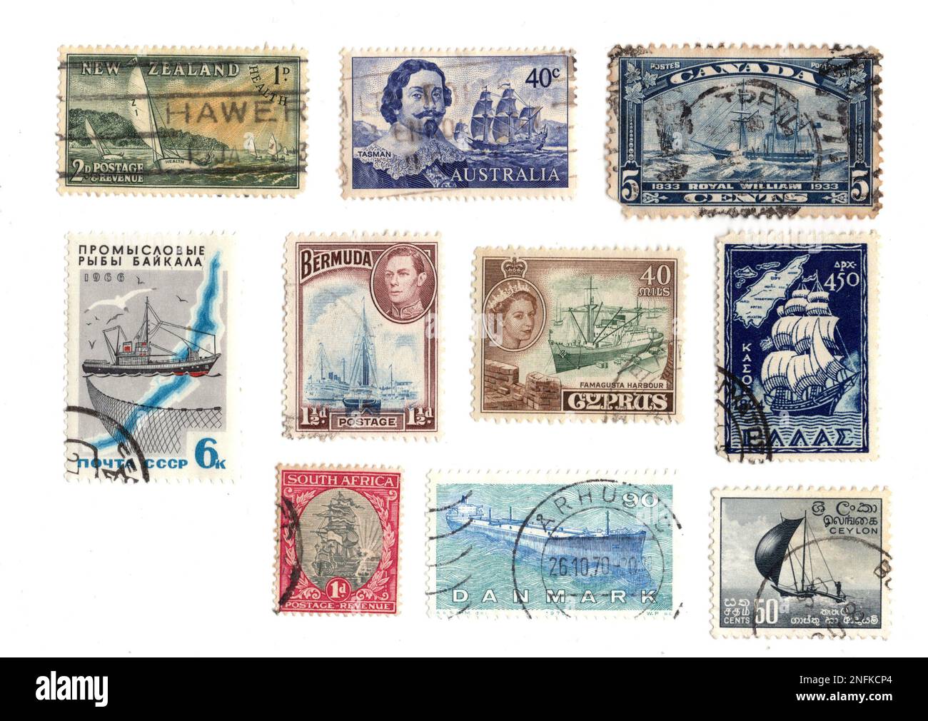 Vintage postage stamps from around the world featuring ships and