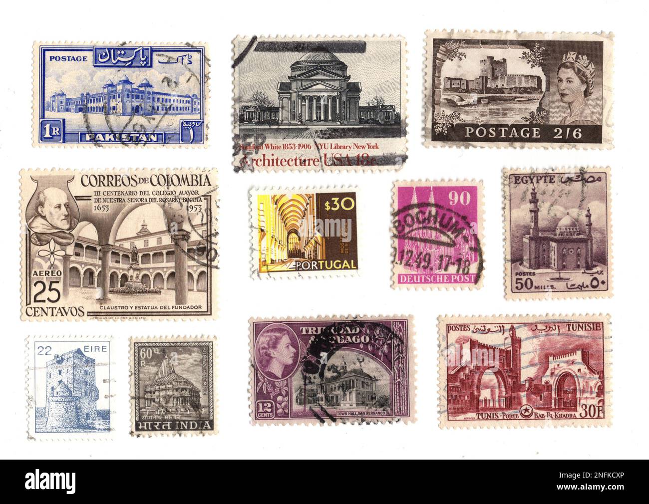 Vintage postage stamps from around the world featuring historic