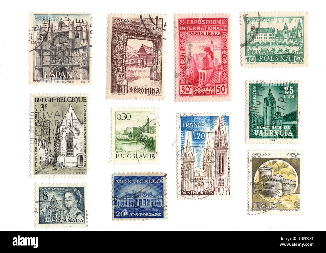 Vintage postage stamps from around the world featuring historic