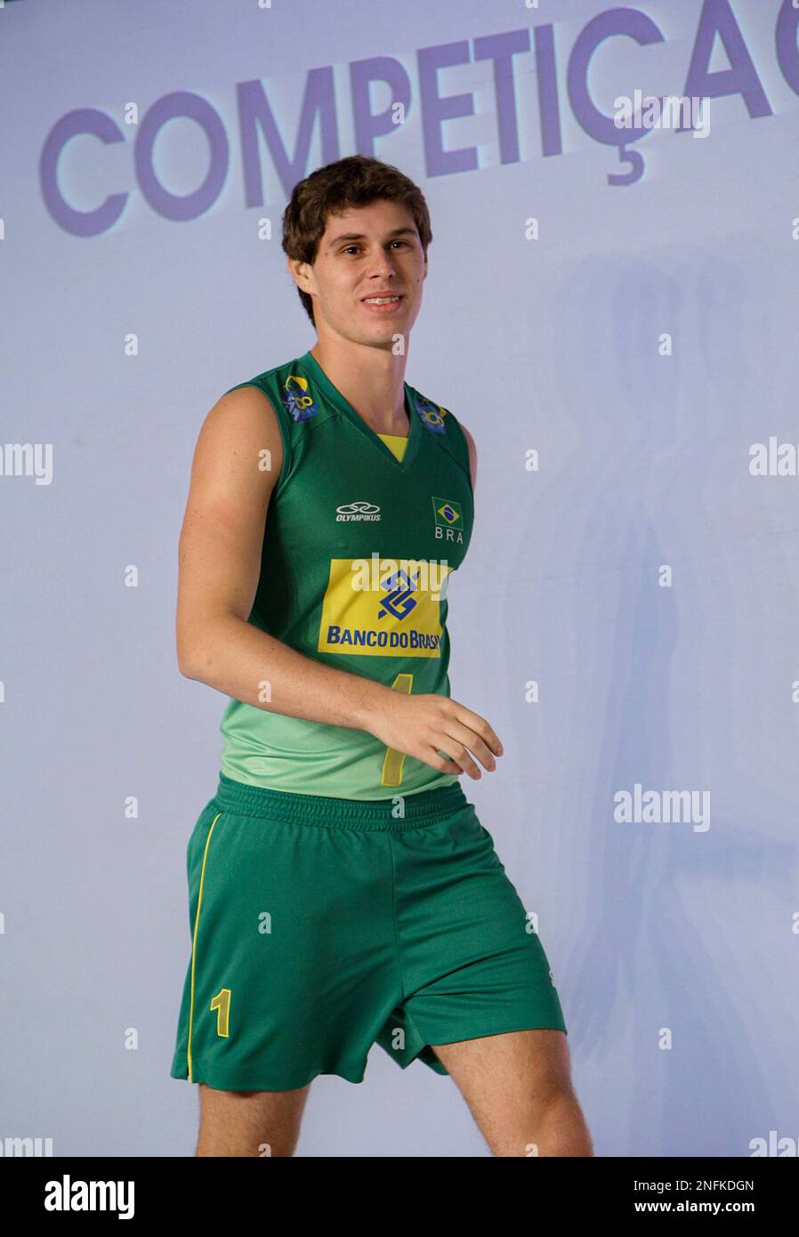 Brazil's Olympic volleyball player Bruno wears the uniform he will compete  in at the Beijing 2008