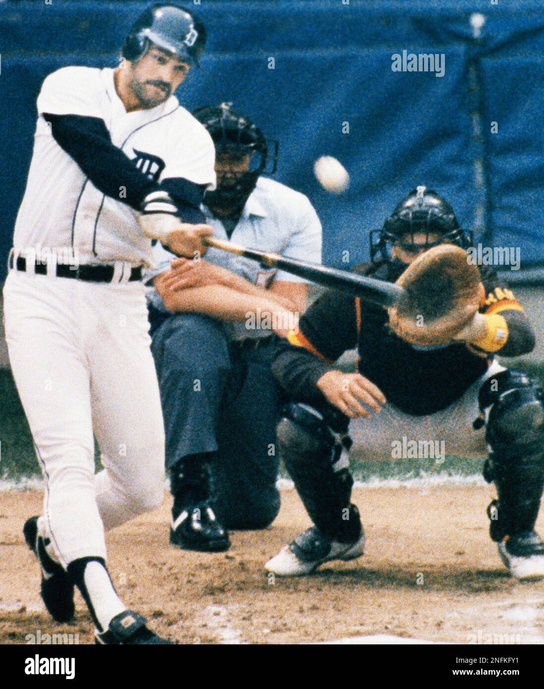 Kirk Gibson belts a two-run homer to give the Detroit Tigers a lead in the  first inning of World Series game at Tiger Stadium in Detroit Sunday, Oct.  14, 1984. San Diego