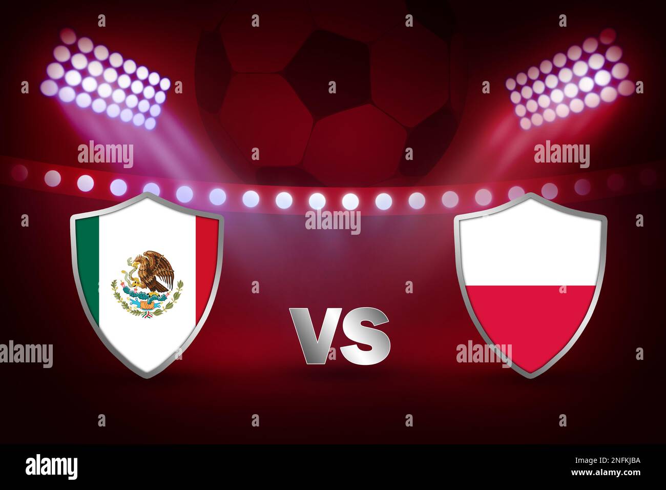 Mexico Vs Poland Football match fixture with stadium lights in purple and ball on the back. Football match backdrop illustration. Stock Photo