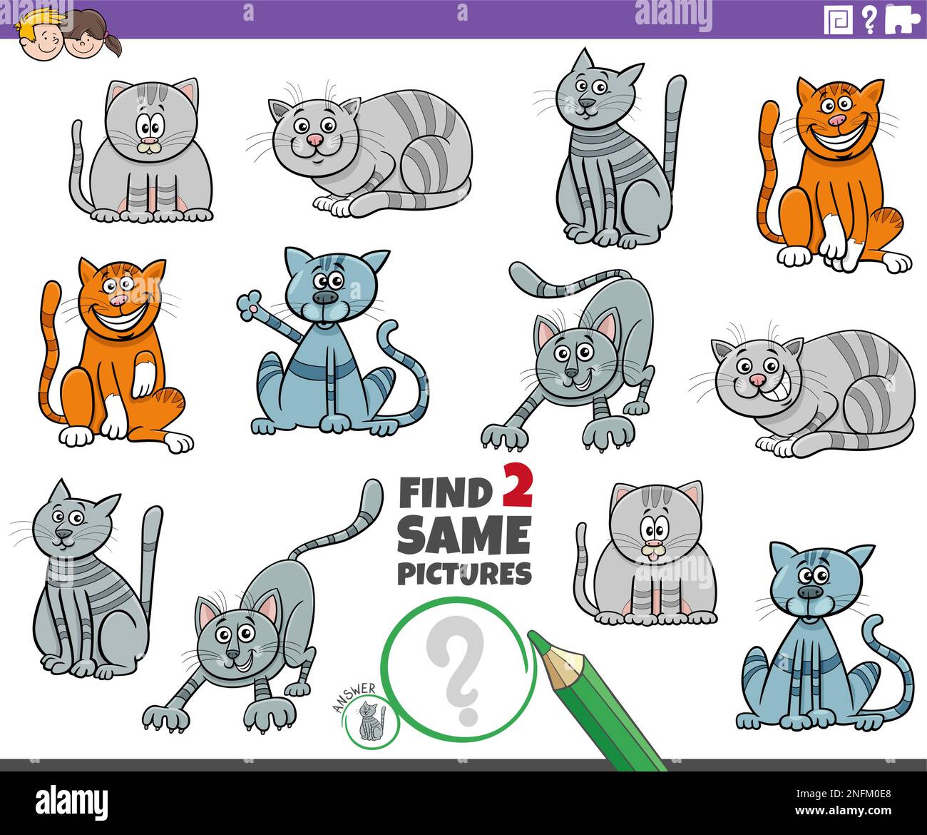 Cartoon illustration of finding two same pictures educational task with