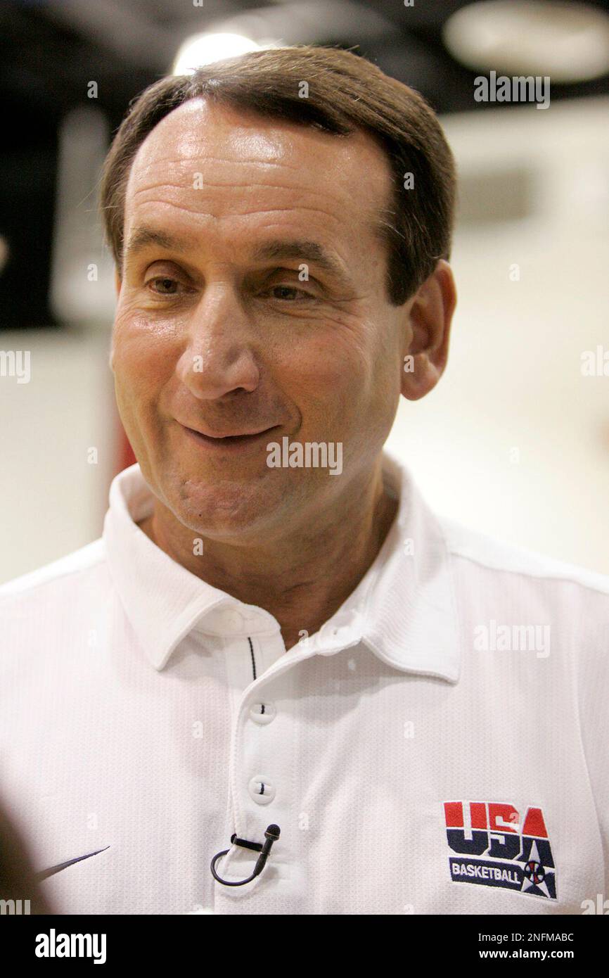 U.S. men's Olympic basketball coach Mike Zrzyzewski fields questions from reporters following