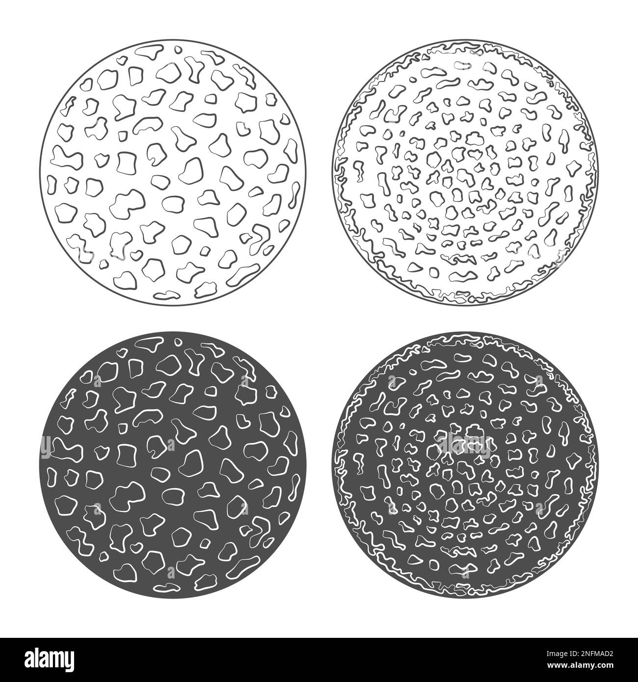 Set of black and white illustration with fly agaric mushroom caps. Isolated vector objects on white background. Stock Vector
