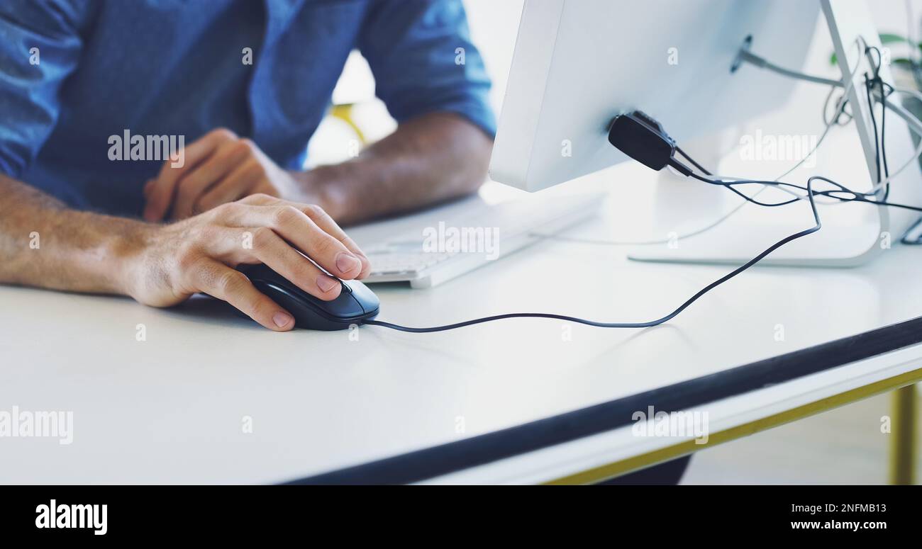 Hand, computer mouse or hacker man for cybersecurity, app coding or data analysis in office. Programmer, developer or employee on tech for software Stock Photo