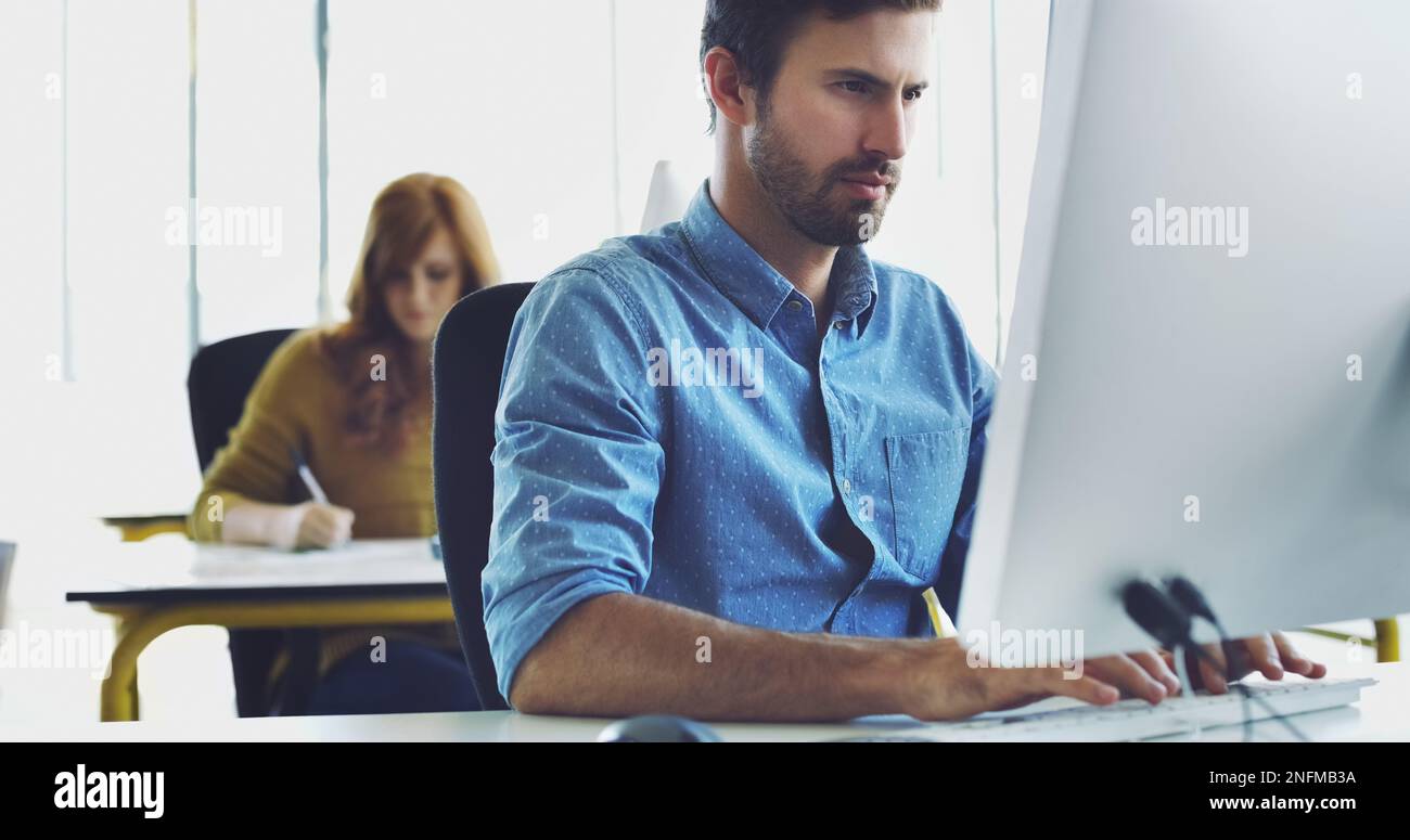 Focus, computer or man in office for cybersecurity, app coding or ...