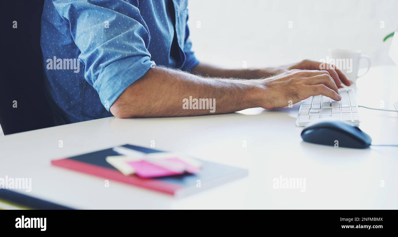 Coding, computer or man hands on keyboard for cybersecurity, app research or SEO networking in office. Programmer, developer or employee on tech for Stock Photo