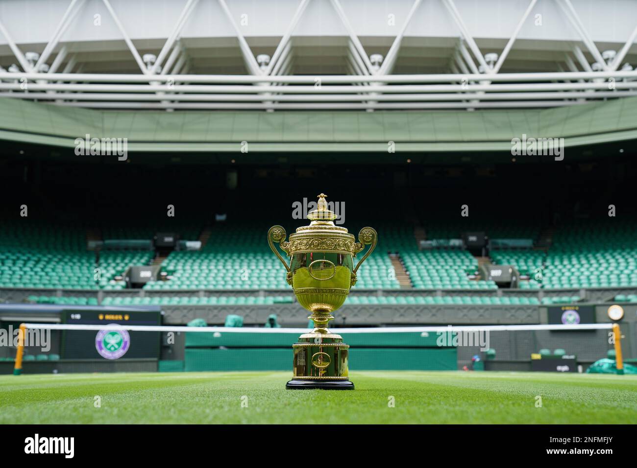 The Gentlemen's Singles Trophy on Centre Court of The Wimbledon Championships 2022 Stock Photo