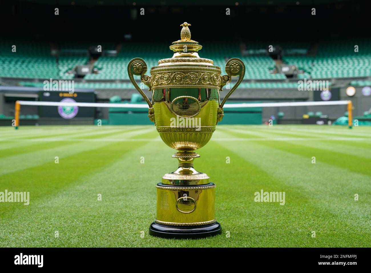 The Gentlemen's Singles Trophy on Centre Court of The Wimbledon Championships 2022 Stock Photo