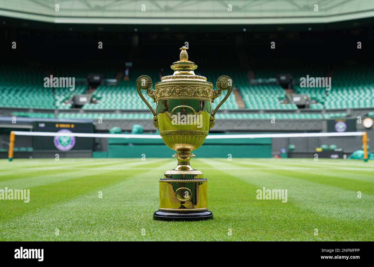 The Gentlemen's Singles Trophy on Centre Court of The Wimbledon Championships 2022 Stock Photo