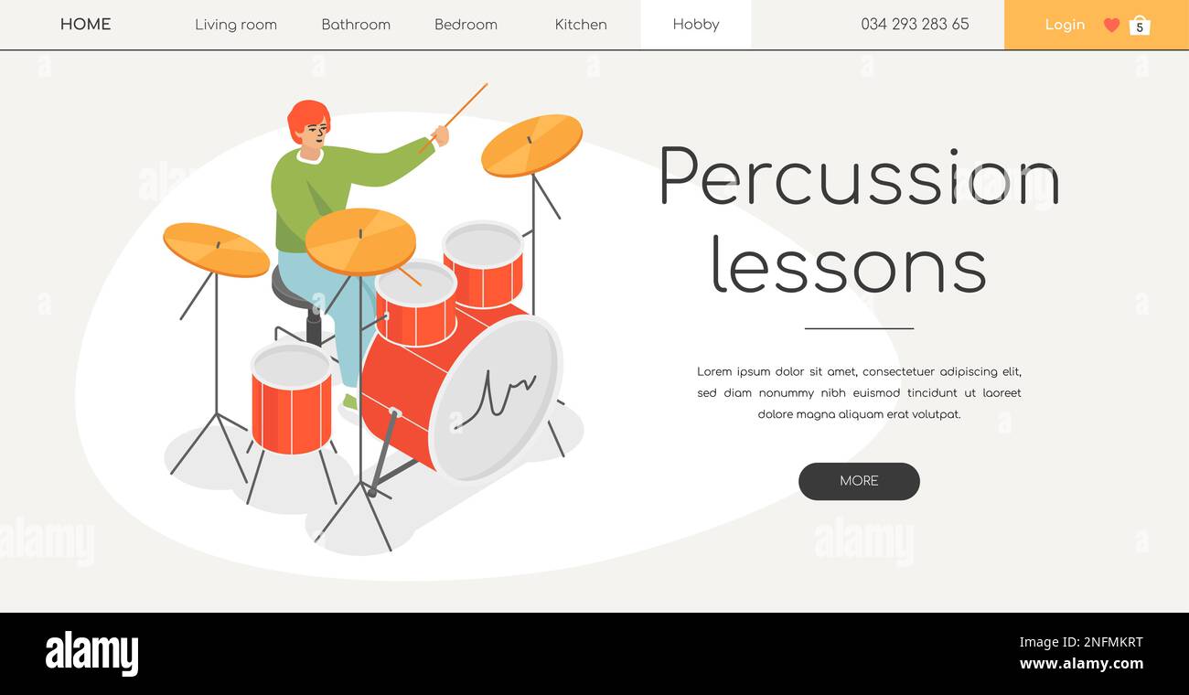 Percussion lesson for a drummer modern isometric web banner Stock