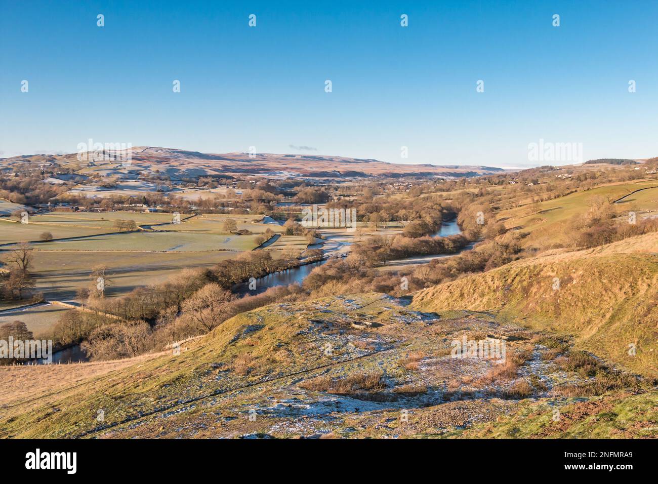 Teesdale's iconic view from Whistle Crag between Eggleston and Middleton-in-Teesdale on a frosty morning after a very cold night Stock Photo