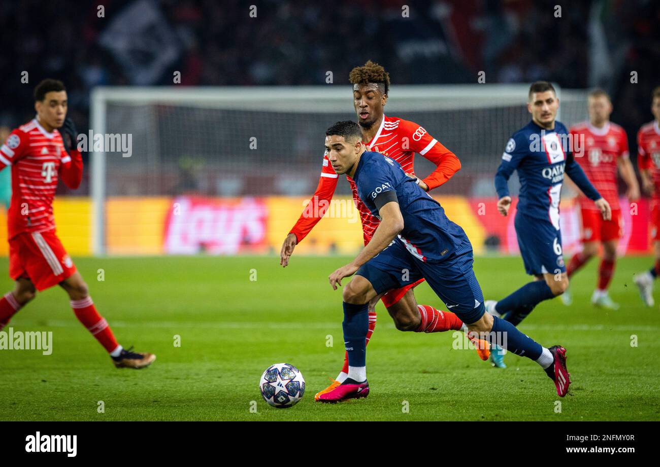 Paris, France. 14th Feb, 2023. Achraf Hakimi (PSG), Kingsley Coman (Muenchen) Paris Saint Paris, France. 14th Feb, 2023. Achraf Hakimi (PSG), Kingsley Coman (Muenchen) Paris Saint