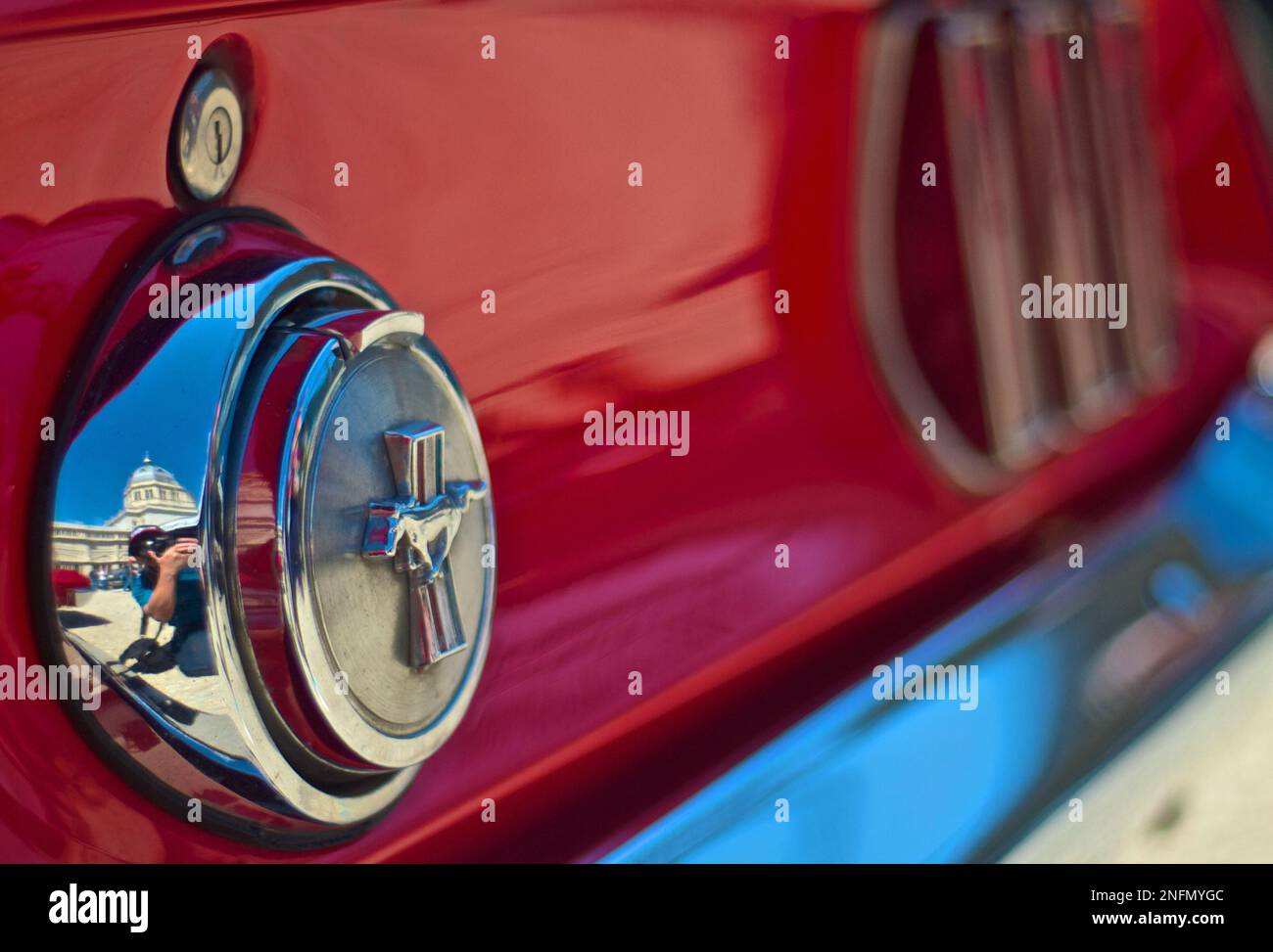 Red Ford Mustang Logo in Trunk Bokeh Depth of Field Stock Photo