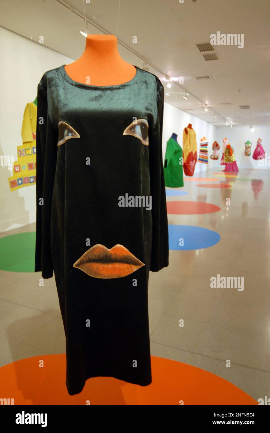 Designs of Spanish designer Agatha Ruiz de la Prada are displayed at the Antioquia's Museum in Medellin, Colombia, Monday, June 9, 2008. (AP Photo/Luis Benavides) Stock Photo