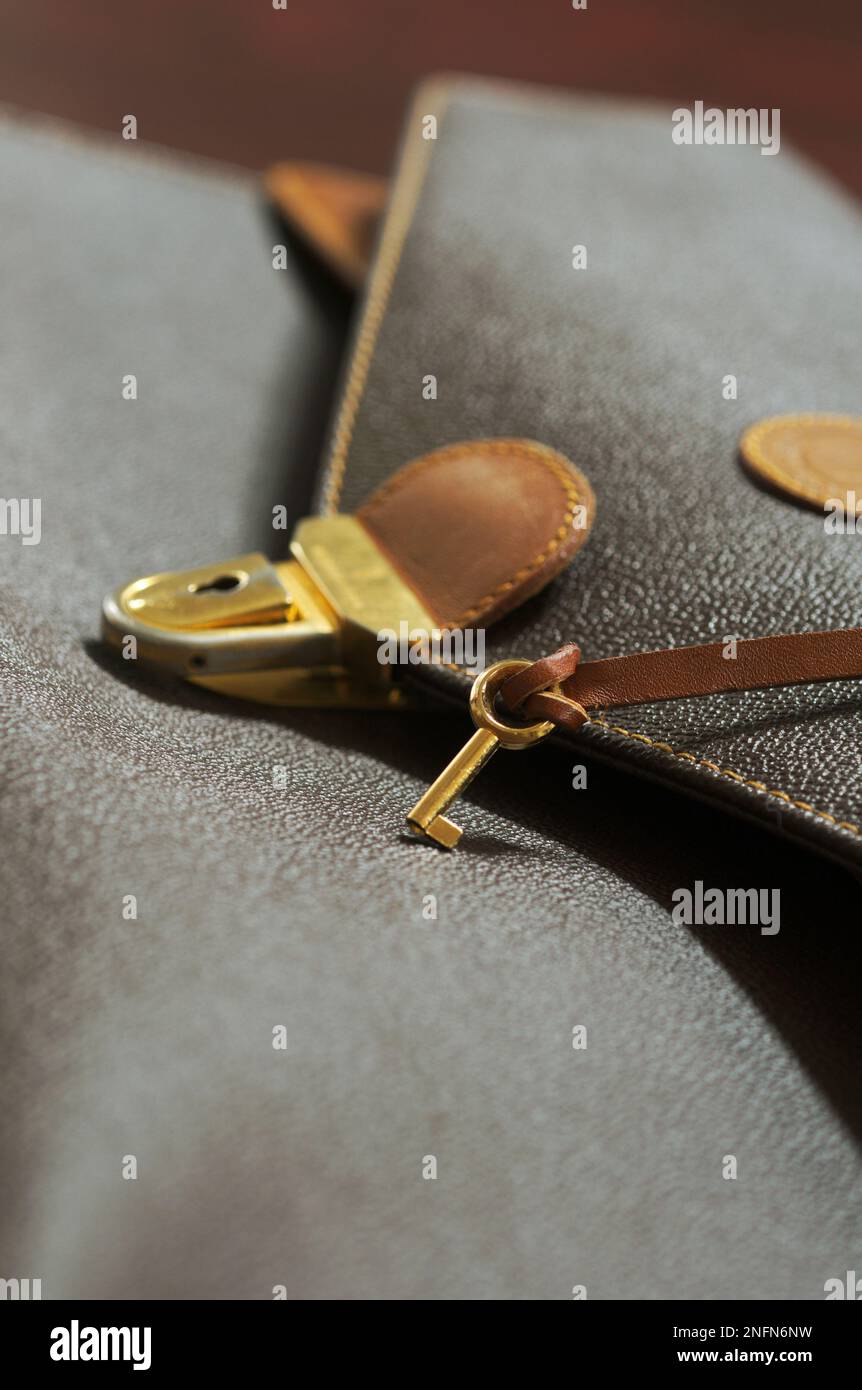 brown leather briefcase with key Stock Photo