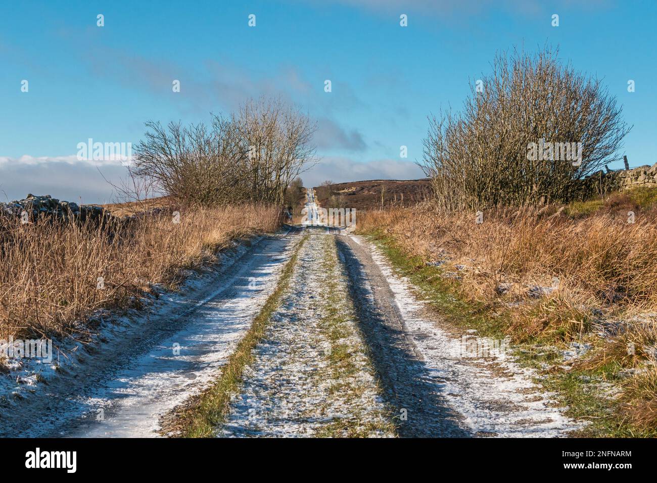 A cold and crisp Botany Road, also known as the 'Donkey Track', looking west from Bail Hill. Stock Photo