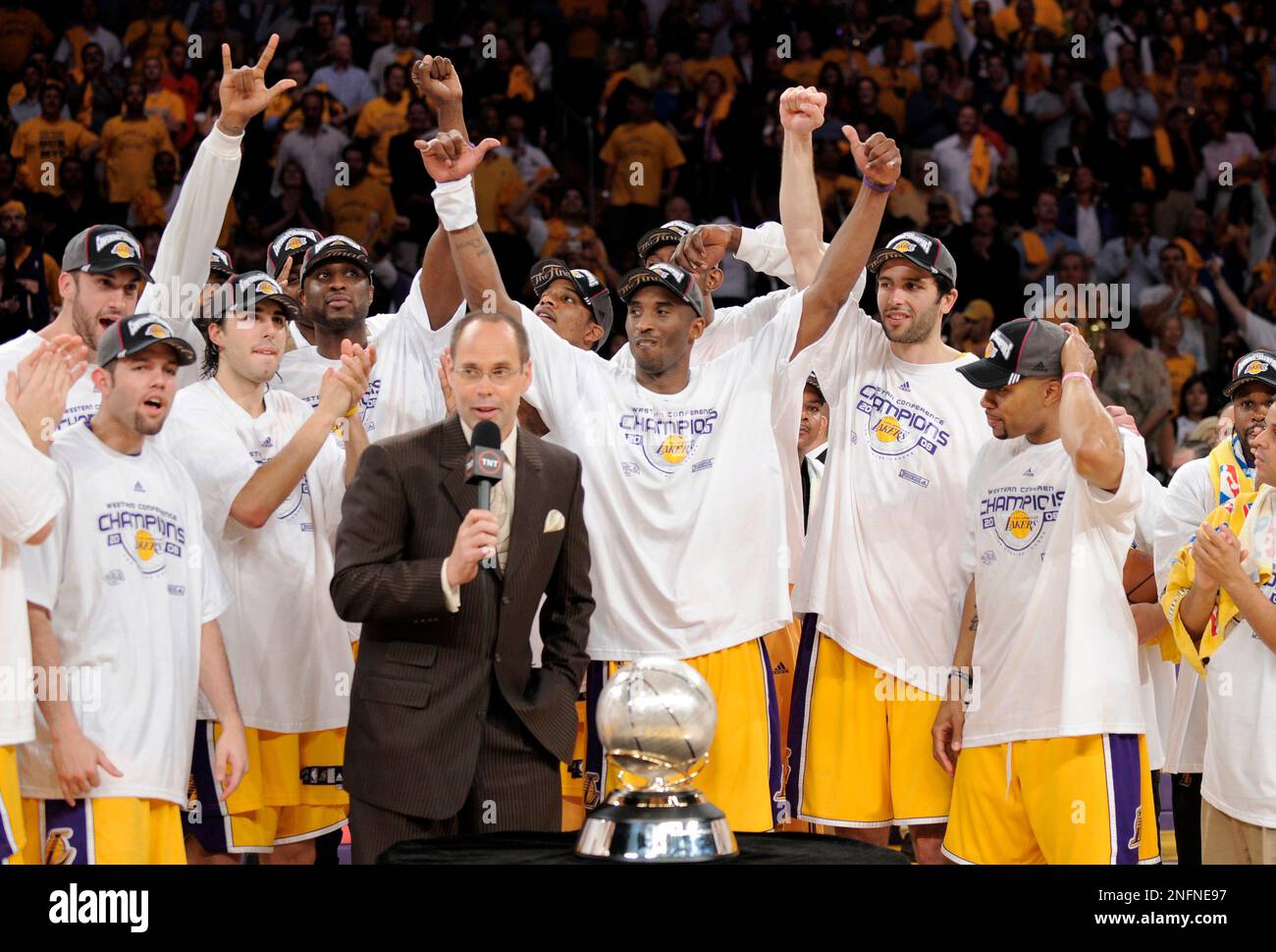 Los Angeles Lakers team members celebrate with teammates after winning the Western Conference Championship in Game 5 of the NBA Western Conference basketball finals Thursday May 29 2008 in Los Angeles...