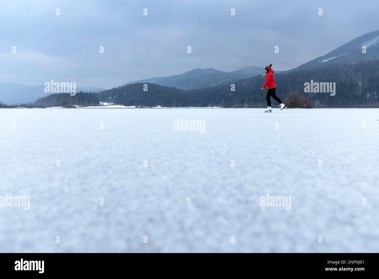 Woman tourist in red jacket ice skating on a spectacular frozen Cerknica lake, biggest intermittent lake in Slovenia, winter recreation in Slovenia Stock Photo