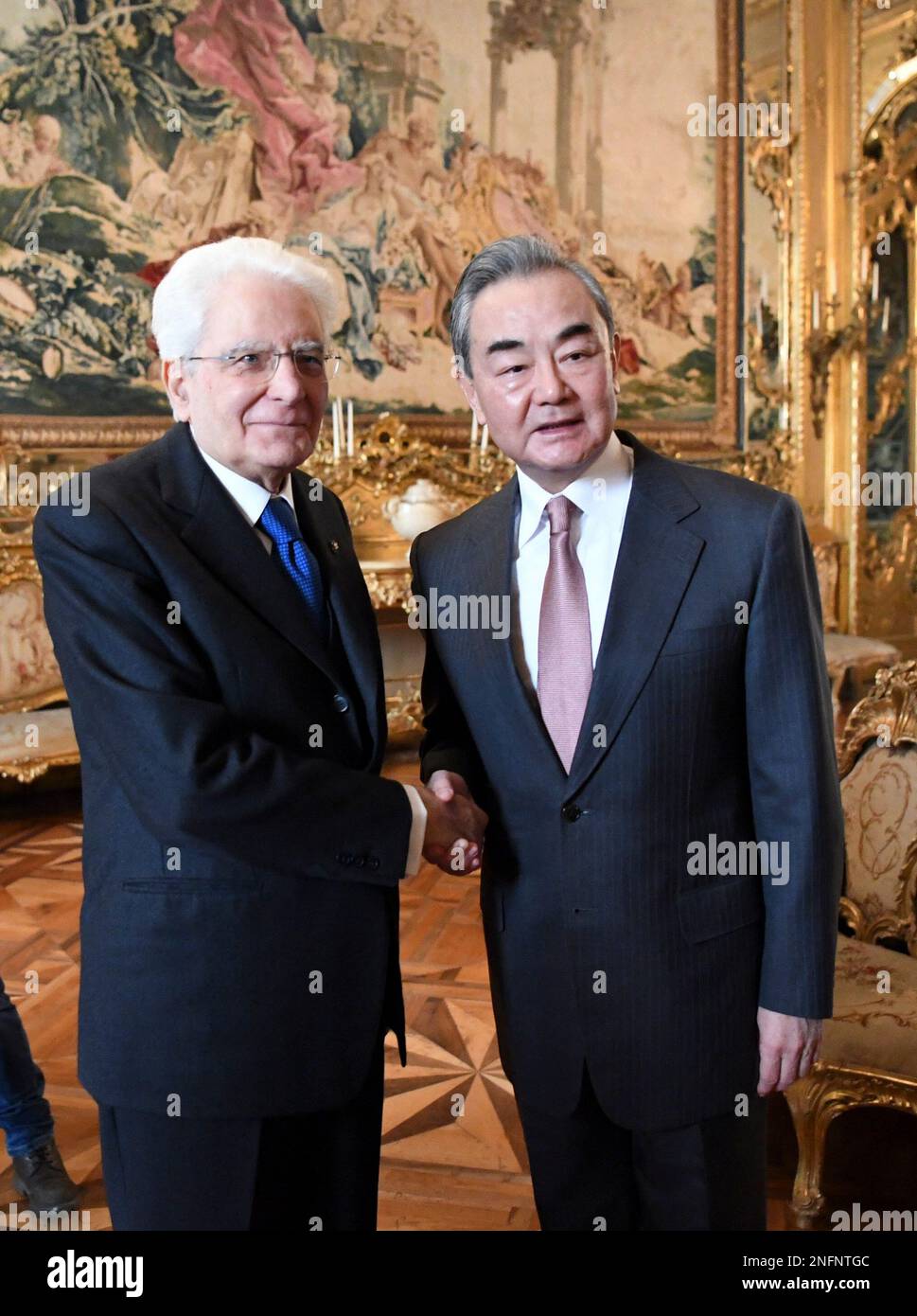 Rome, Italy. 17th Feb, 2023. Italian President Sergio Mattarella meets with Wang Yi (R), a member of the Political Bureau of the Communist Party of China (CPC) Central Committee and director of the Office of the Foreign Affairs Commission of the CPC Central Committee, in Rome, Italy, Feb. 17, 2023. Credit: Jin Mamengni/Xinhua/Alamy Live News Stock Photo