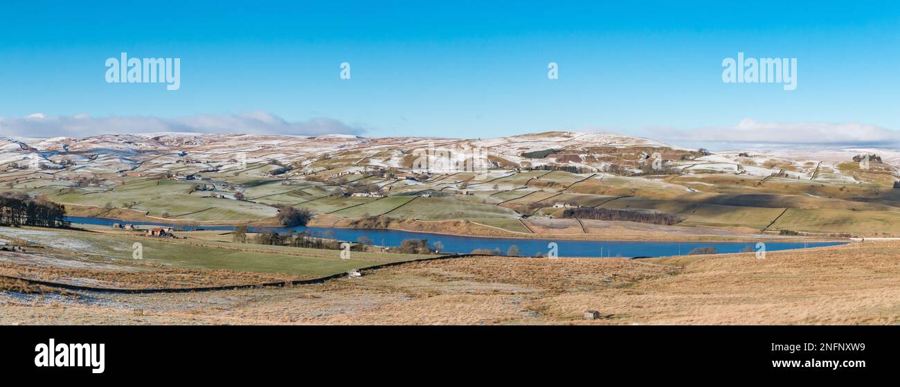 A panoramic view of a wintry Lunedale from Harker Hill. Stock Photo