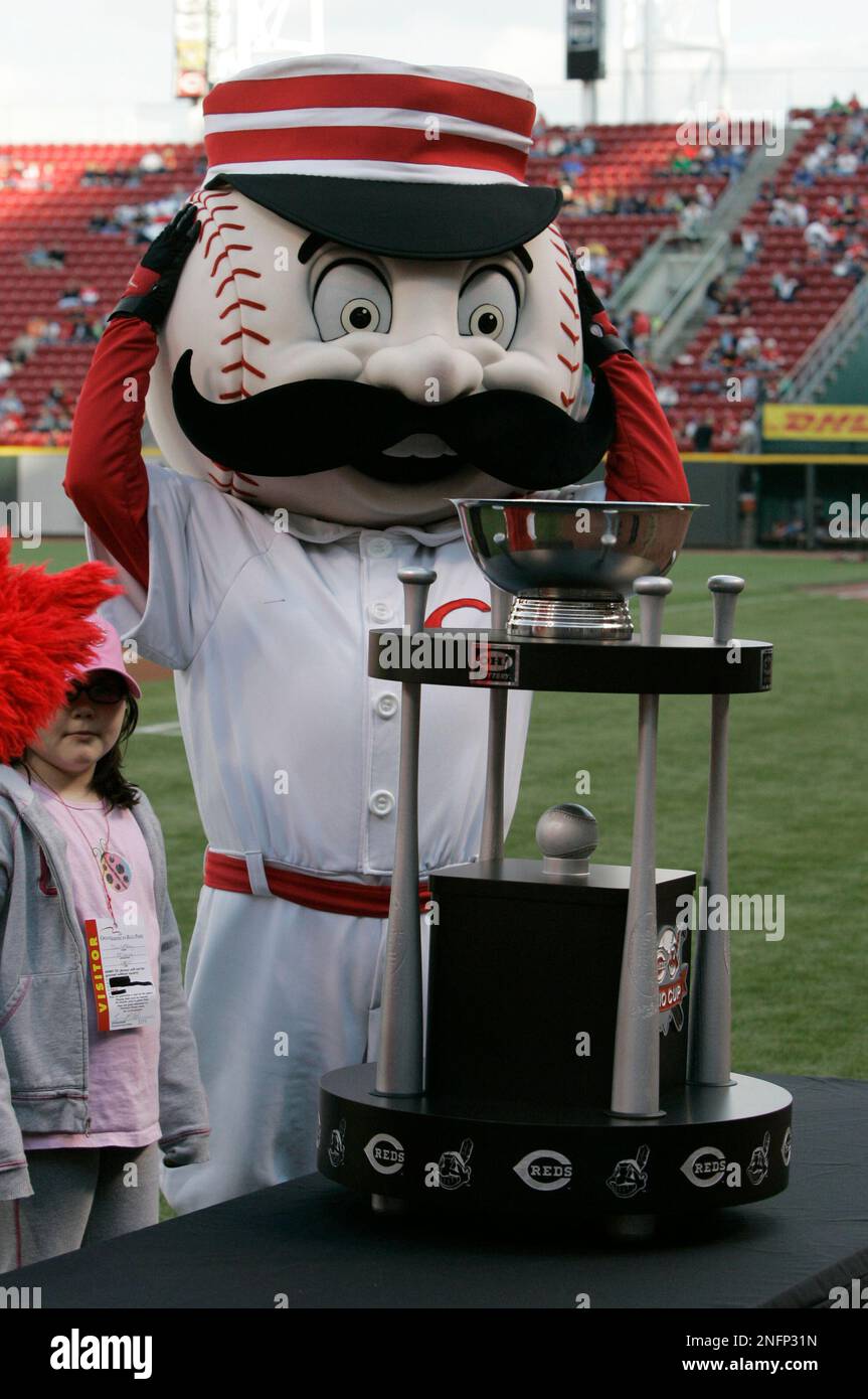 Cincinnati Reds Mascot Mr. Redlegs Looks At The Ohio Cup Prior To A ...