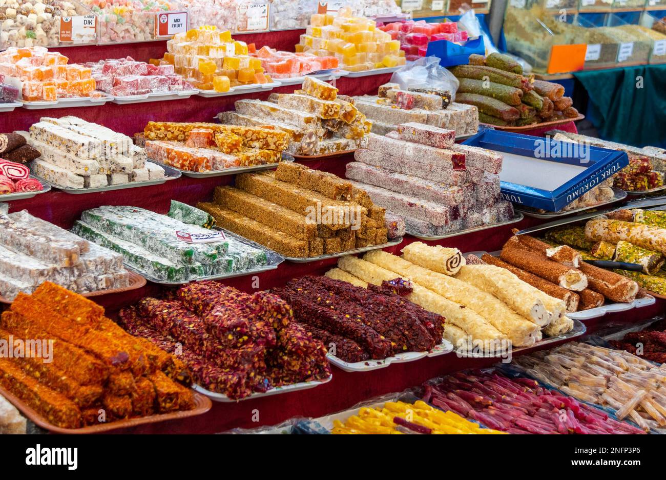 Turkish delight on sale at Turgutreis, Turkey Stock Photo