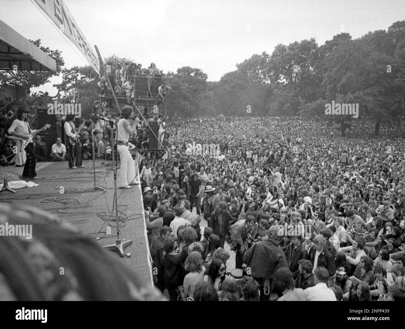 The Rolling Stones pop group, with lead singer Mick Jagger on front of ...