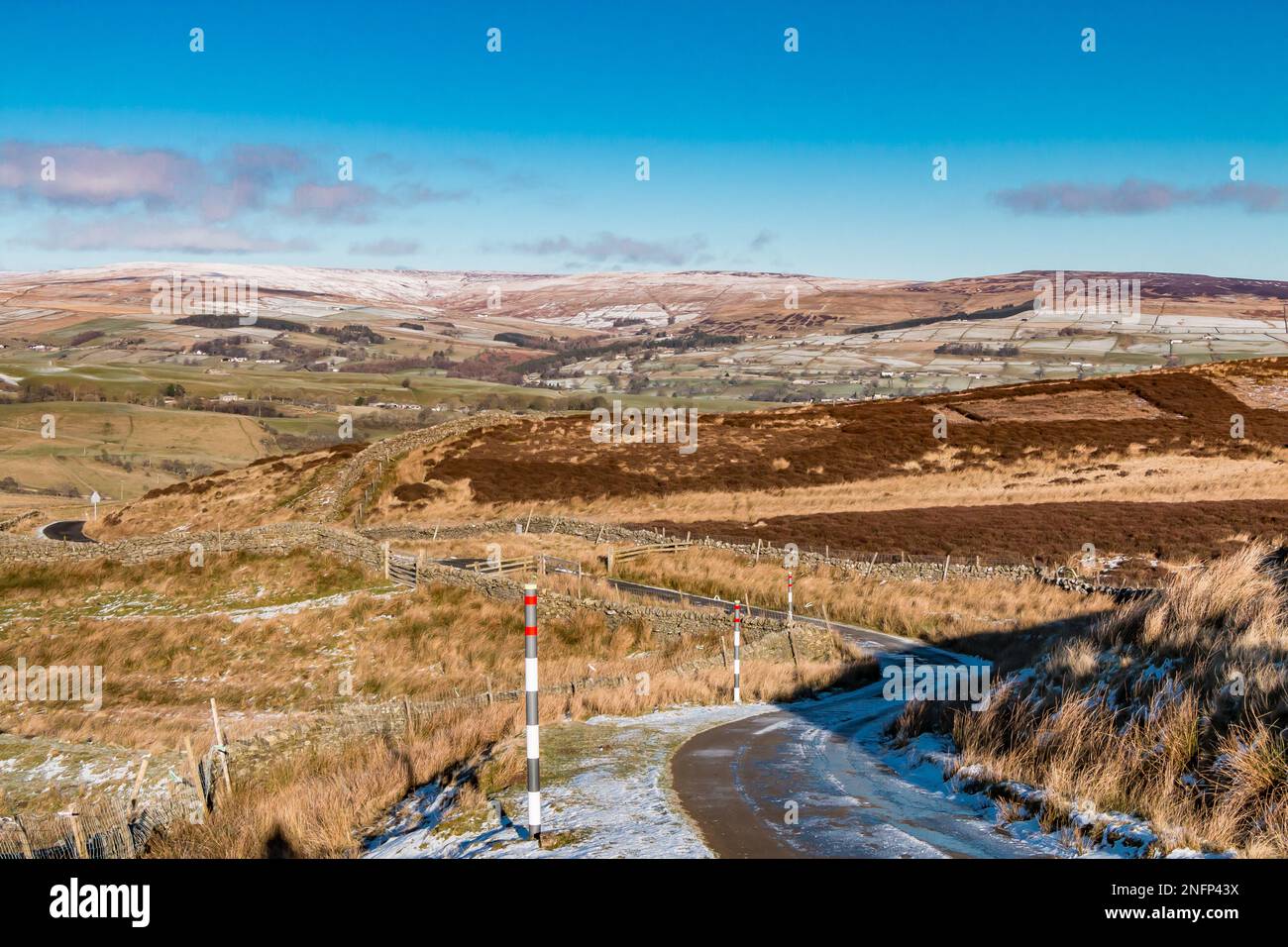 Looking down Harker Hill across Teesdale to the Hudes Hope valley in the distance. Stock Photo