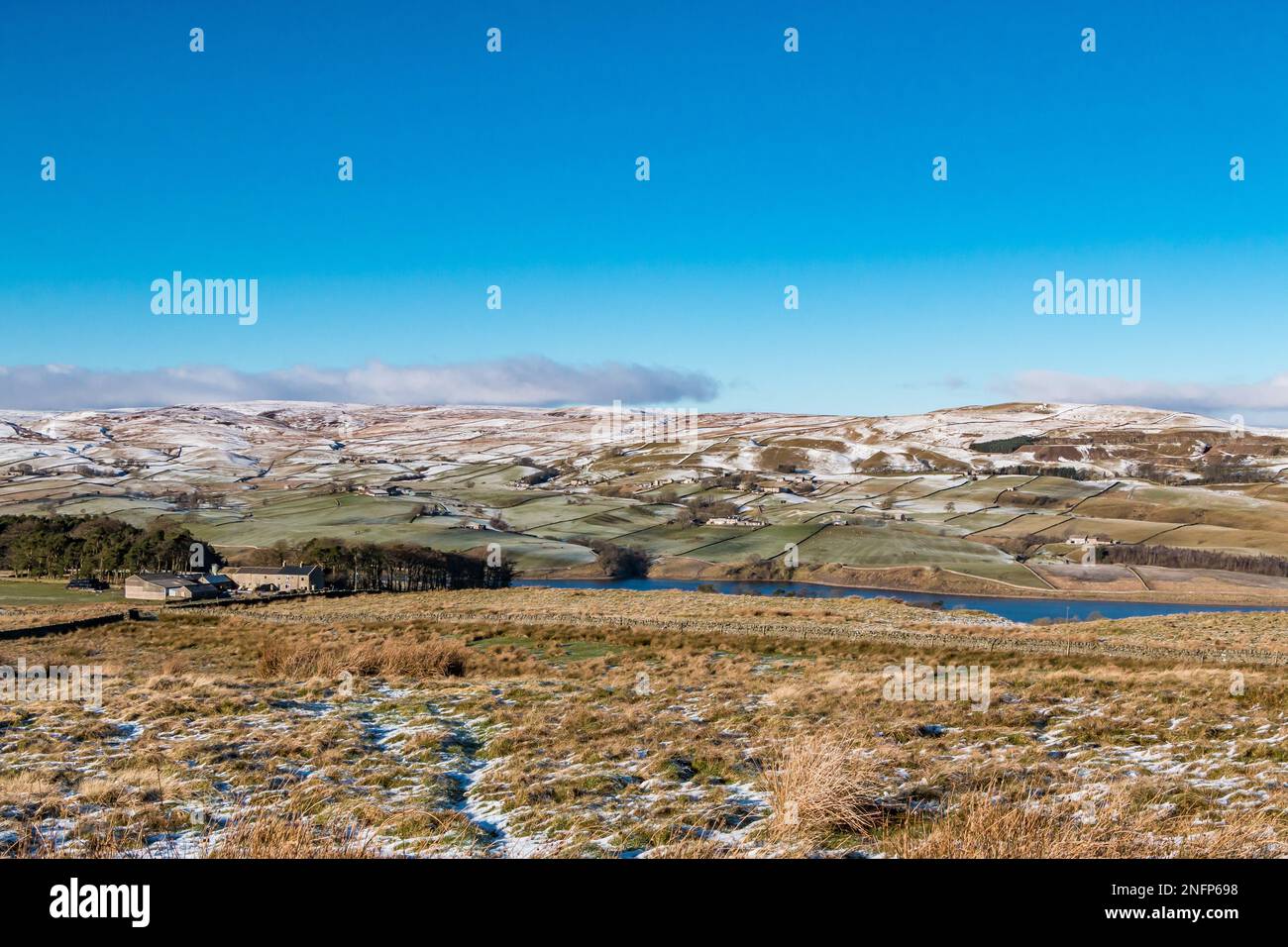 Lunedale and part of Grassholme Reservoir from Harker Hill in winter Stock Photo