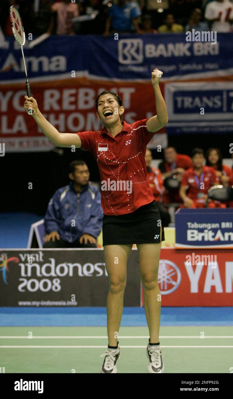 Indonesian Adriyanti Firdasari celebrates after winning her Semi-final round of the Thomas Uber Cup badminton championships against Juliannne Schenk of Germany at Istora stadium in Jakarta, Indonesia, Thursday, May 15, 2008
