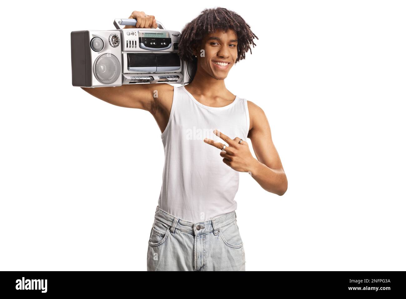 African american young man holding a boombox on shoulder  isolated on white background Stock Photo
