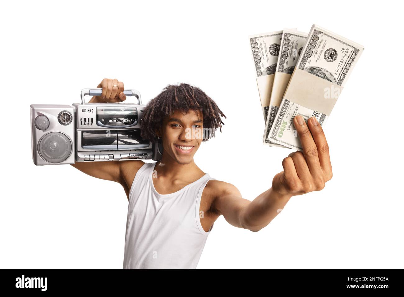 African american young man holding a boombox on shoulder and showing ...