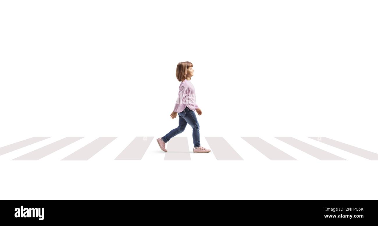 Child walking over pedestrian crossing isolated on white background Stock Photo