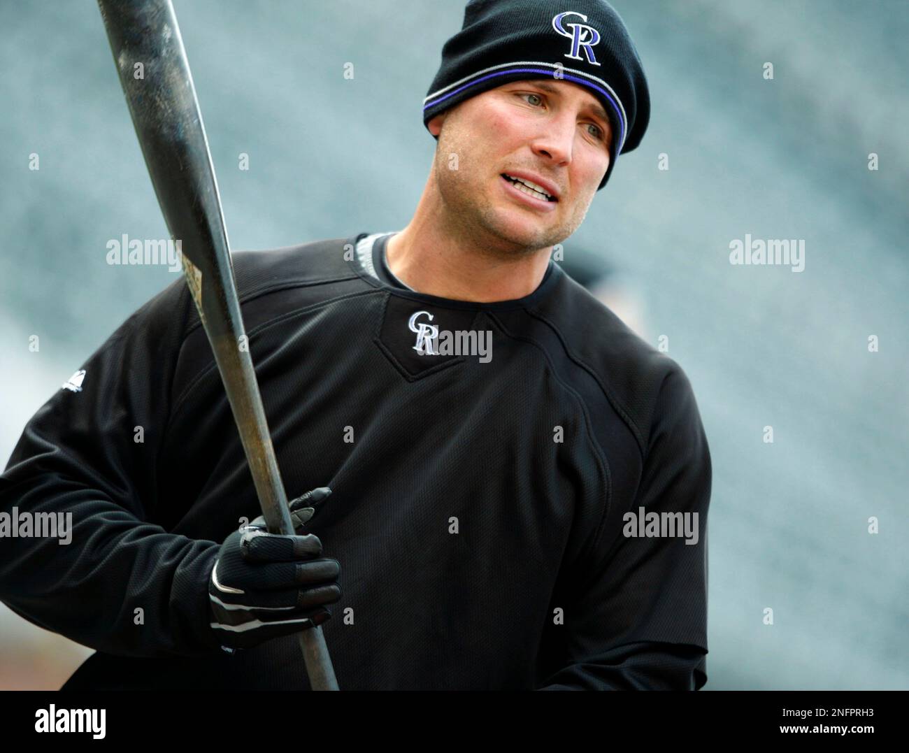 Colorado Rockies outfielder Matt Holliday warms up before facing the ...