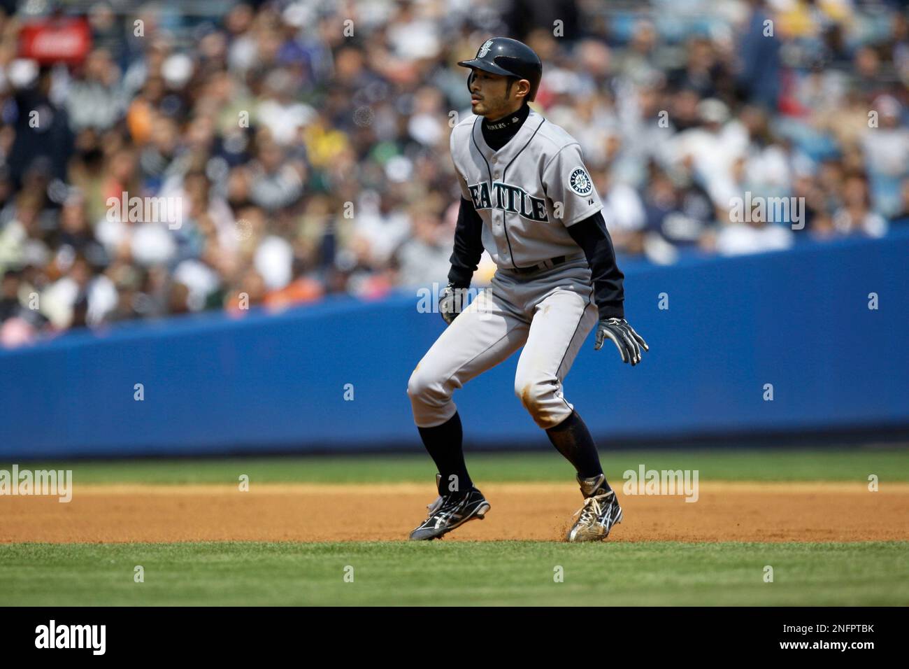 Seattle Mariners' Ichiro Suzuki takes a lead off second base against the  New York Yankees in Major League Baseball action Saturday, May 3, 2008 at  Yankee Stadium in New York. (AP Photo/Julie