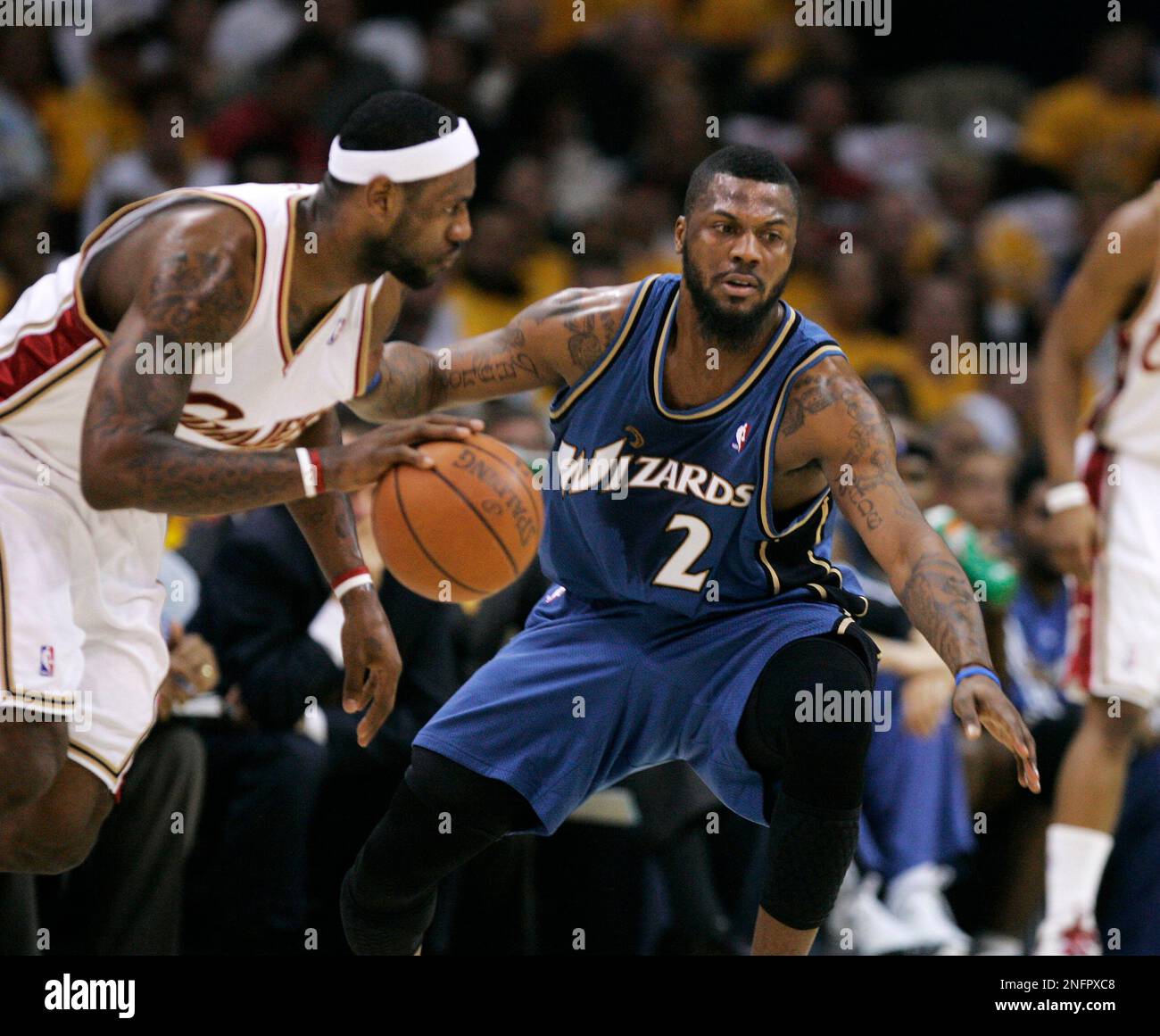 Cleveland Cavaliers' LeBron James, left, defends Washington Wizards'  DeShawn Stevenson during the fourth quarter of an NBA basketball game  Friday, Feb. 22, 2008, in Cleveland. Cleveland won 90-89. (AP Photo/Mark  Duncan Stock