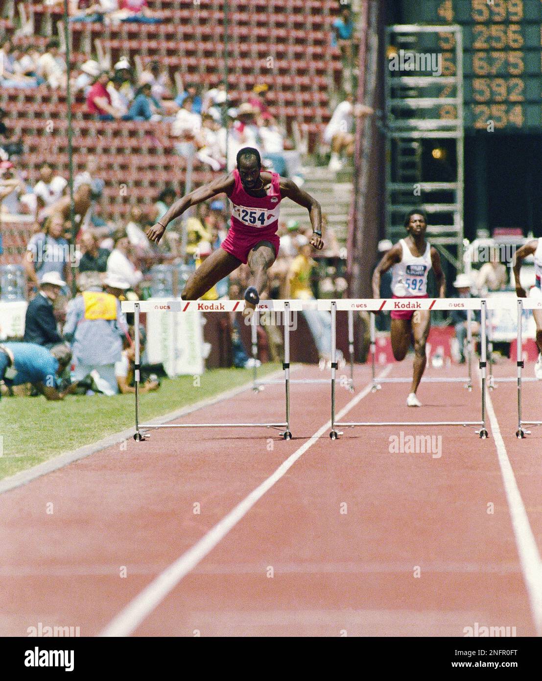 American track and field star Edwin Moses is shown in action during