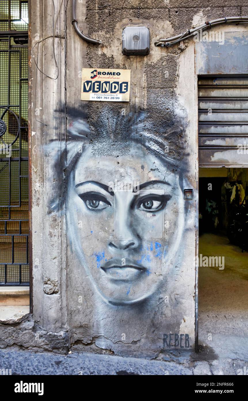 Naples Campania Italy. Street graffiti depicting neapolitan actress Sofia Loren at Quartieri Spagnoli (Spanish Quarters), a part of the city of Stock Photo