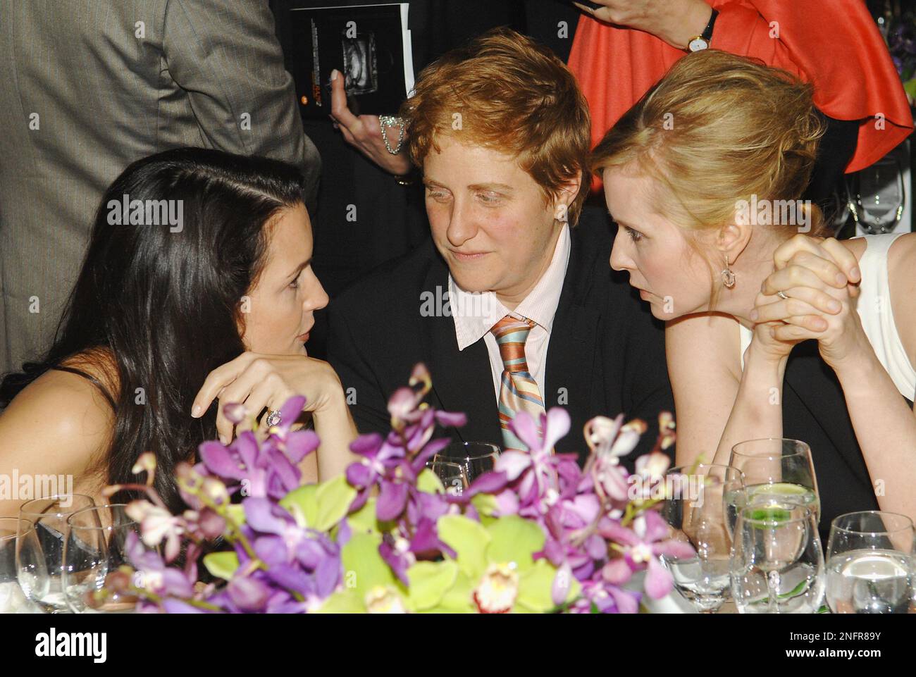 From left, actress Kristin Davis, Christine Marinoni and actress Cynthia Nixon attend the Point Foundation Honors benefit dinner at Capitale, Monday, April 7, 2008 in New York. (AP Photo/Evan Agostini) Stock Photo
